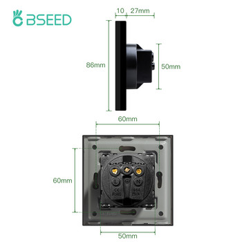 BSEED EU Стенен контакт Двойно USB гнездо за зареждане на телефон Тип-c Единичен стъклен кристален електрически контакт 16A 110V-240V контакт