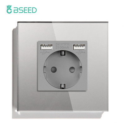 BSEED Priză de perete UE Priză dublă de încărcare a telefonului USB Tip-c Priză unică din cristal Priză electrică 16A 110V-240V