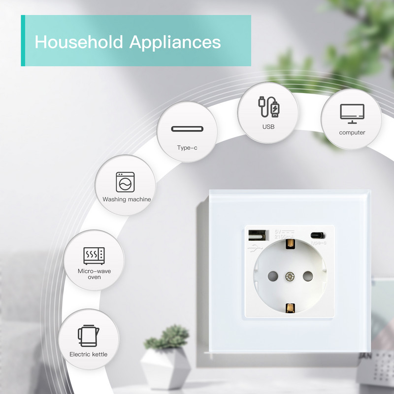 BSEED Priză de perete UE Priză dublă de încărcare a telefonului USB Tip-c Priză unică din cristal Priză electrică 16A 110V-240V