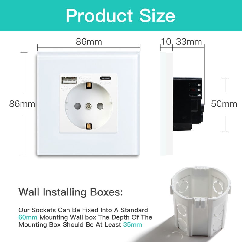 BSEED Priză de perete UE Priză dublă de încărcare a telefonului USB Tip-c Priză unică din cristal Priză electrică 16A 110V-240V