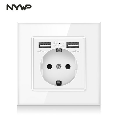 Priză NYWP UE, mufă cu port de încărcare USB 2.1a 16A, panou din sticlă, priză rusă spaniolă