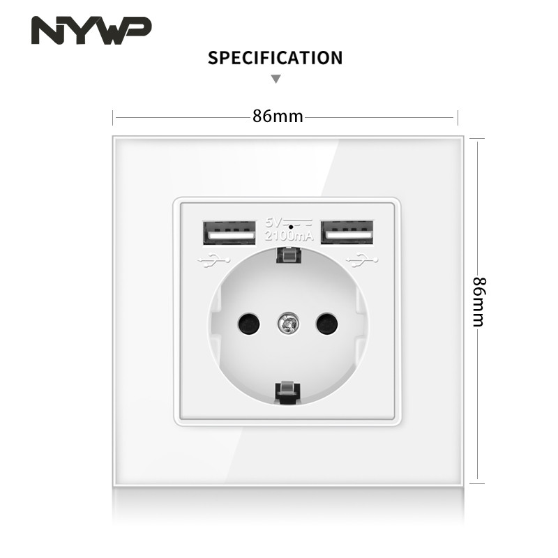Priză NYWP UE, mufă cu port de încărcare USB 2.1a 16A, panou din sticlă, priză rusă spaniolă