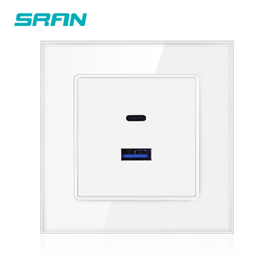 SRAN USB sienas kontaktligzda C tips, 5V 3A/9V 2A/12V 1,5A viedās indukcijas ātrās uzlādes ports Telefoniem, rūdīta stikla panelis 86*86mm