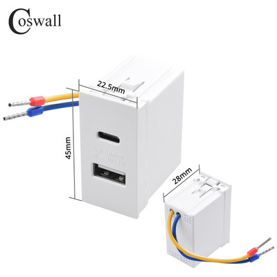 COSWALL E45 / P45 seeria valge / must 45*22,5 mm seinapistikupesa Type-C & A Dual USB Charger DC 5V,2A Max. Moodul DIY AC 100-240V