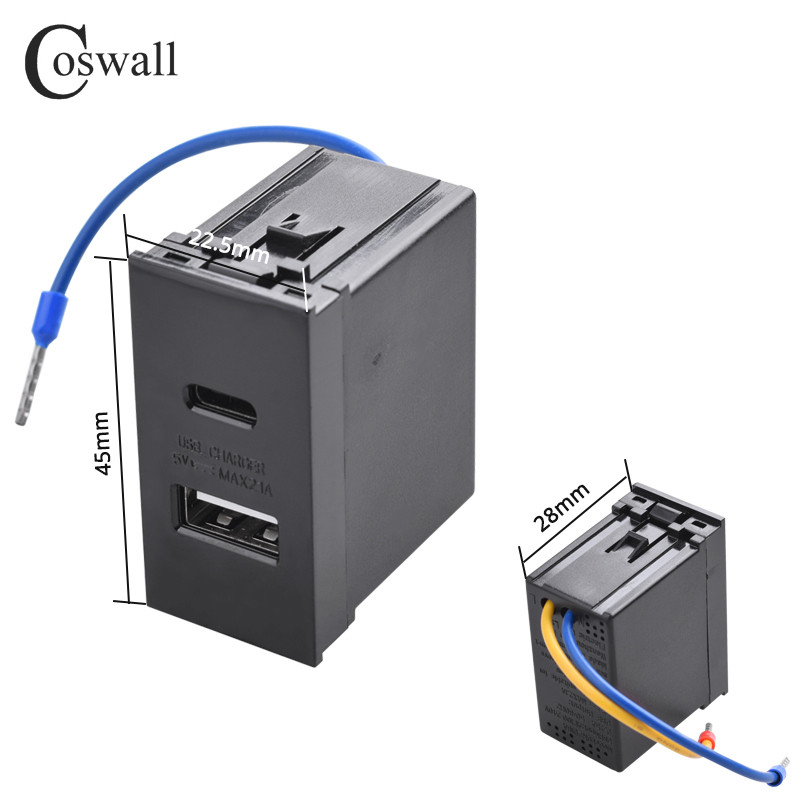 COSWALL E45 / P45 séria biela / čierna 45 * 22,5 mm nástenná zásuvka typu C a A duálna USB nabíjačka DC 5V, 2A max. modul DIY AC 100-240V
