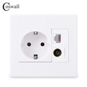 Coswall PC Panel 16A EU sienas barošanas ligzda, iezemēta ar sieviešu TV savienotāju + 8 kodolu CAT6 RJ45 interneta datora datu izeja