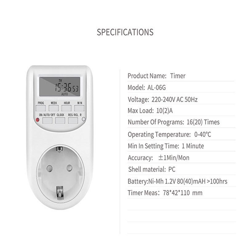 Digitálny kuchynský časovač s digitálnym časovačom, úsporný, týždenný, programovateľný, zásuvka