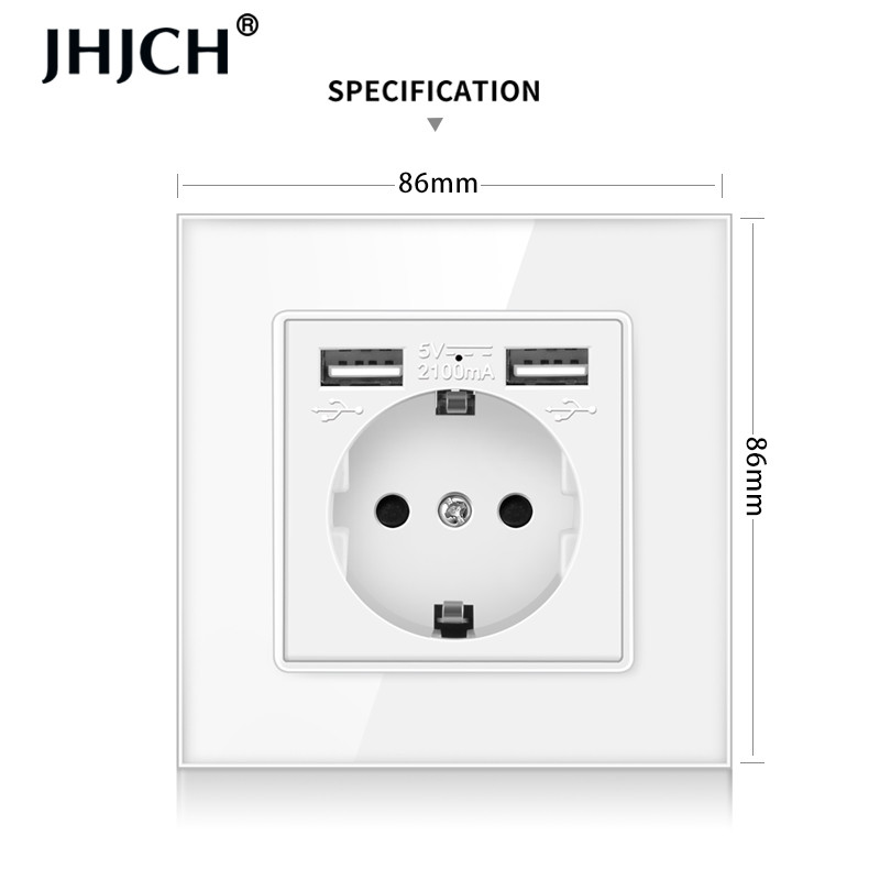Priză JHJCH UE, mufă cu port de încărcare USB 2.1a 16A, panou din sticlă, priză rusă spaniolă