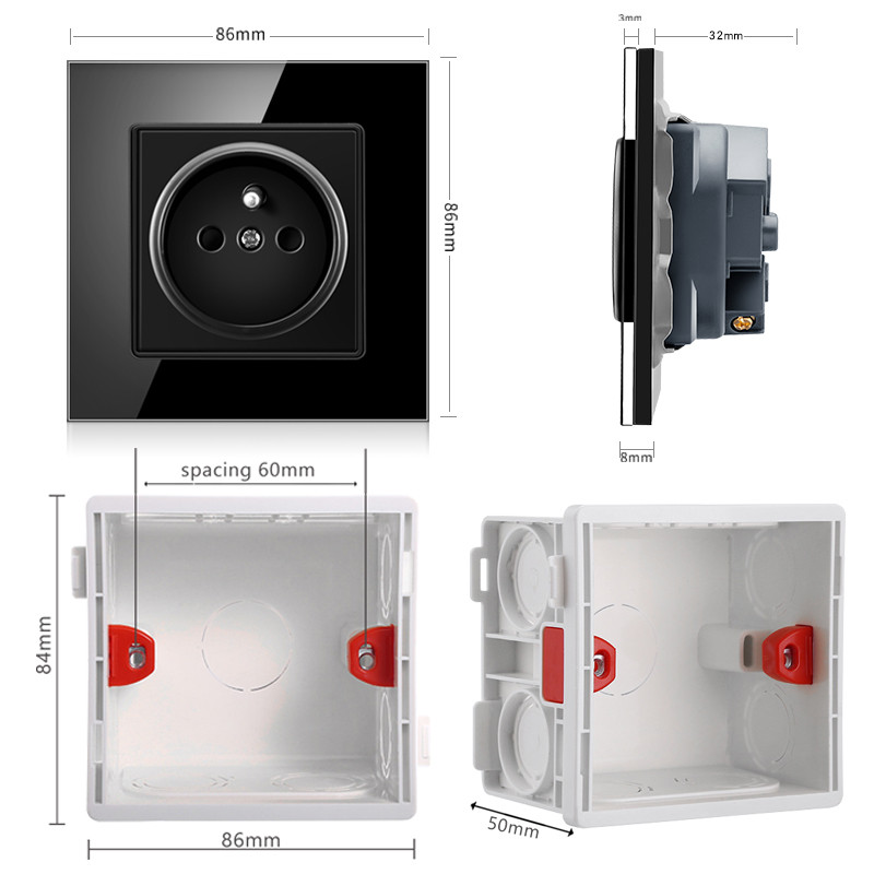 Priză standard franceză JHJCH, panou din sticlă, sursă de alimentare franceză, priză de împământare 16a 220V, ușă de protecție pentru copii