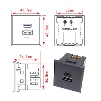 USB+Type -C AC захранващ контакт, вграден настолен гнездо, DC зареждане, захранващ модул, изход, 5V 220V с LED индикатор