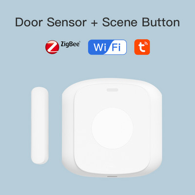 Νέο Wifi Zigbee Έξυπνος αισθητήρας πόρτας+κουμπί σκηνής Αλληλεπίδραση ανίχνευσης διάρρηξης λειτουργεί με τον φωνητικό έλεγχο Home της Alexa Google