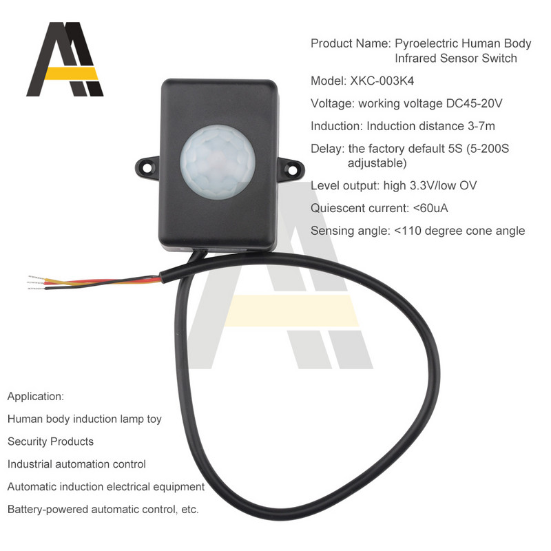 Inimkeha püroelektriline infrapunasensor Inimkeha induktsioonimooduli lüliti DC4,5V-20V koridori lifti viivitusega liikumisandur 3-7M