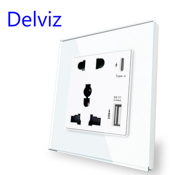 Delviz Power 2100MA Outlet USB, Crystal Glass Panel, 13A Universal jack, 18W 4A Smart Quick Charge, Wall Type C Socket Interface