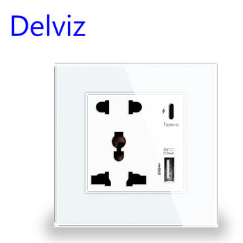 Delviz Power 2100MA Outlet USB, Crystal Glass Panel, 13A Universal jack, 18W 4A Smart Quick Charge, Wall Type C Socket Interface