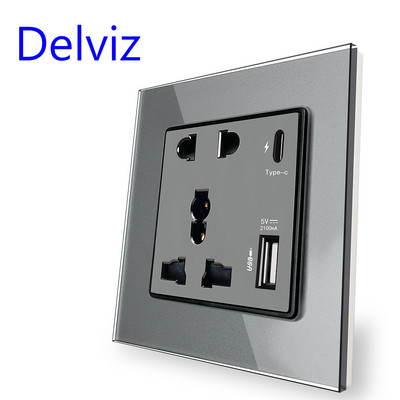 Delviz Power 2100MA USB изход, панел от кристално стъкло, 13A универсален жак, 18W 4A интелигентно бързо зареждане, стенен тип C интерфейсен контакт