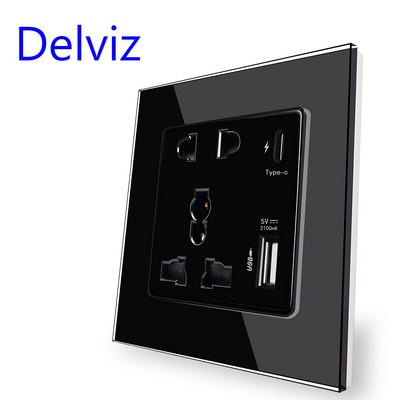 Delviz Power 2100MA USB izeja, kristāla stikla panelis, 13A universālā ligzda, 18W 4A viedā ātrā uzlāde, sienas C tipa interfeisa ligzda