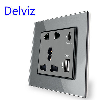 Delviz Power 2100MA USB izeja, kristāla stikla panelis, 13A universālā ligzda, 18W 4A viedā ātrā uzlāde, sienas C tipa interfeisa ligzda