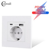 COSWALL Panou din plastic alb UE / Spania / Rusia Priză de perete împământat cu încărcător rapid de 18W tip A și C USB dublu DC 5V 3A