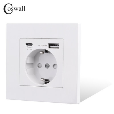 COSWALL Panou din plastic alb UE / Spania / Rusia Priză de perete împământat cu încărcător rapid de 18W tip A și C USB dublu DC 5V 3A