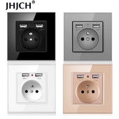 Jhjch French Standard fali aljzat, 16a konnektor 2100 ma-es Dual Port USB töltővel, fekete, fehér, arany, 86 üveglap