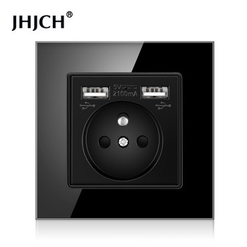 Jhjch French Standard πρίζα τοίχου, πρίζα 16a με φορτιστή USB διπλής θύρας 2100ma, μαύρο, άσπρο, χρυσό, γυάλινο πάνελ 86