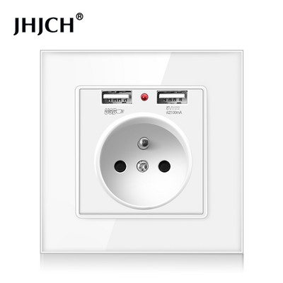 Jhjch French Standard fali aljzat, 16a konnektor 2100 ma-es Dual Port USB töltővel, fekete, fehér, arany, 86 üveglap