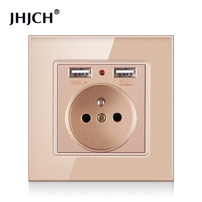Jhjch French Standard fali aljzat, 16a konnektor 2100 ma-es Dual Port USB töltővel, fekete, fehér, arany, 86 üveglap