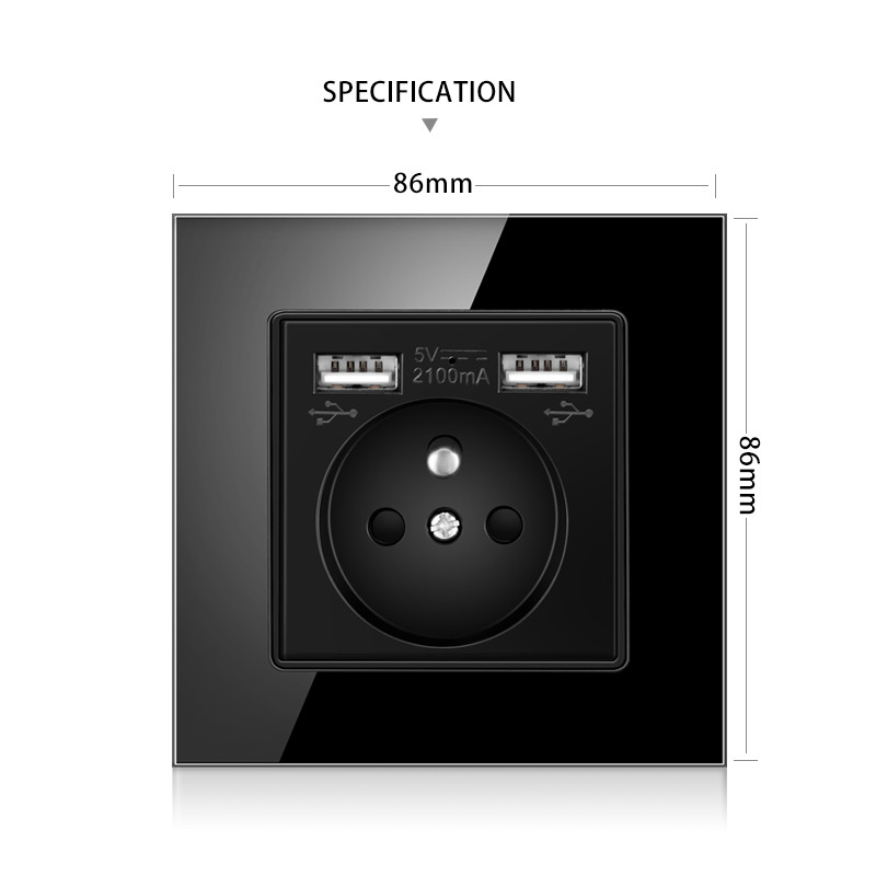 Jhjch French Standard fali aljzat, 16a konnektor 2100 ma-es Dual Port USB töltővel, fekete, fehér, arany, 86 üveglap