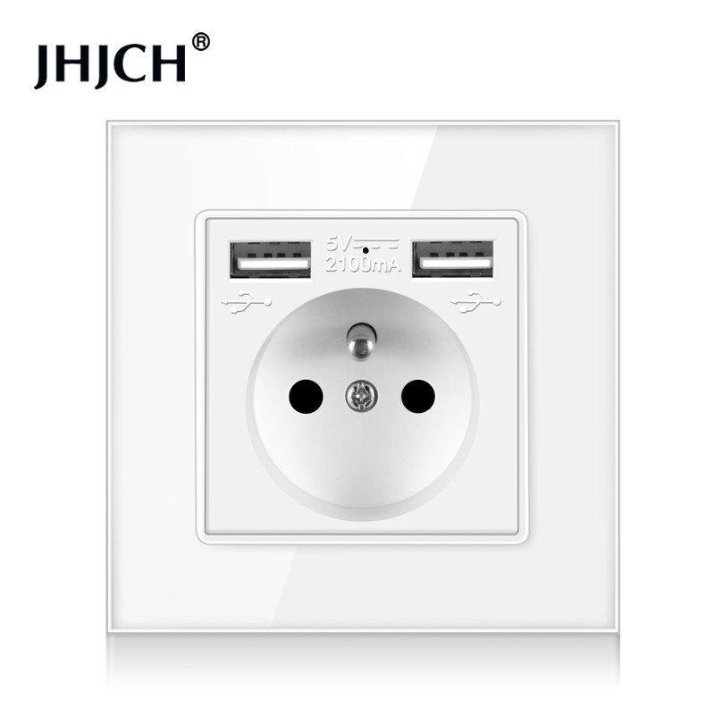 Jhjch French Standard fali aljzat, 16a konnektor 2100 ma-es Dual Port USB töltővel, fekete, fehér, arany, 86 üveglap