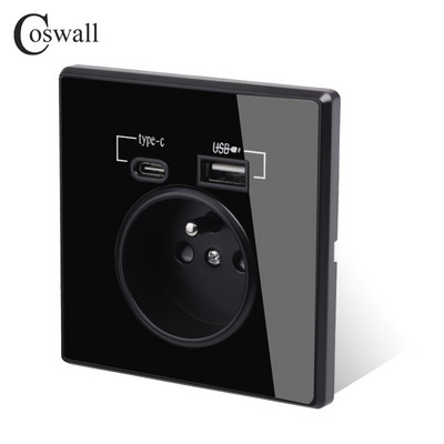 Coswall Type-C interfeisa izeja, sienas dators / kristāla panelis ES Krievija Spānija Francijas standarta ligzda ar USB uzlādes portu Balts melns