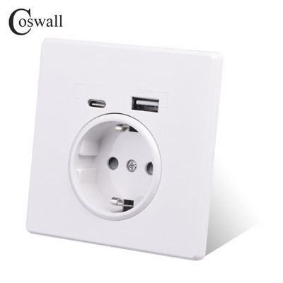 Coswall Type-C interfeisa izeja, sienas dators / kristāla panelis ES Krievija Spānija Francijas standarta ligzda ar USB uzlādes portu Balts melns
