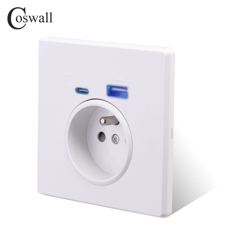 Coswall Type-C interfeisa izeja, sienas dators / kristāla panelis ES Krievija Spānija Francijas standarta ligzda ar USB uzlādes portu Balts melns
