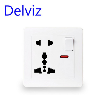 Panou priză de perete Delviz 13A Standard internațional Universal cu 5 găuri Indicator LED de control comutat, AC 110 250V, 86mm*86mm
