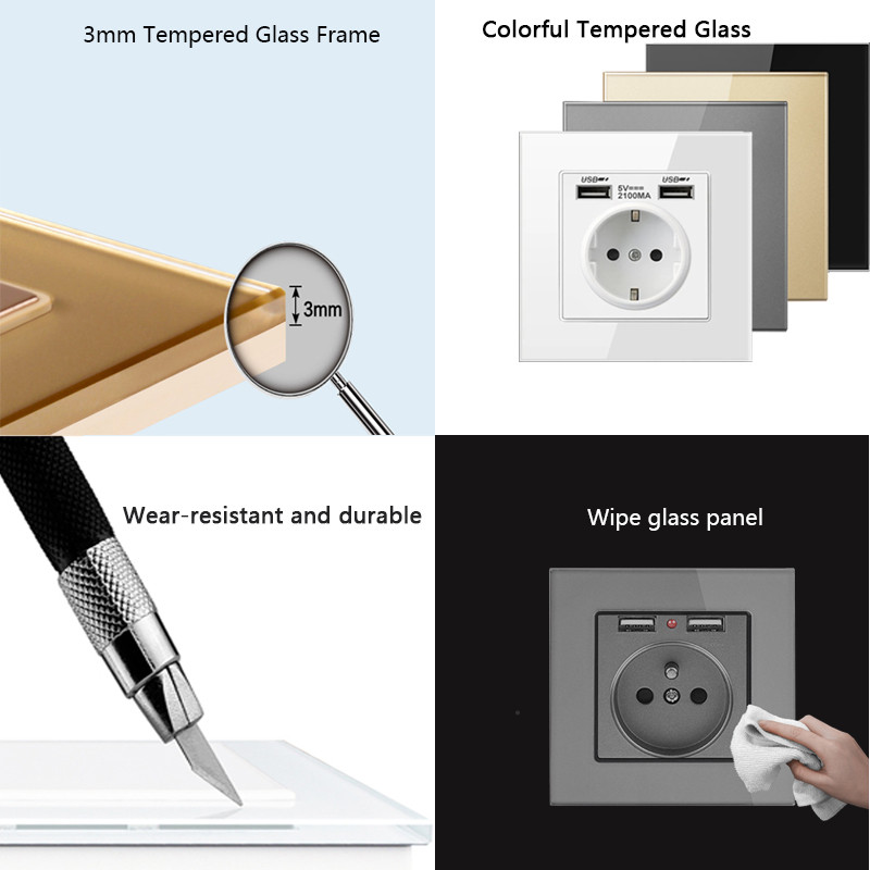 DepoGuye priză de perete duală USB 2,1 A, priză dormitor, priză de perete 16 A, panou PC, priză standard Spania, Rusia și UE
