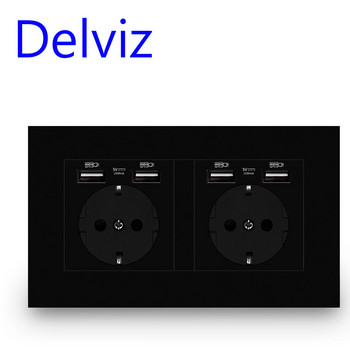 Стенен USB захранващ контакт на Delviz, интерфейс за зареждане на черен панел, AC 110~250V 146mm * 86mm, 16A Двойна рамка, стандартен ЕС USB контакт