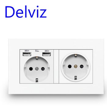 Delviz Επιτοίχια πρίζα USB, Διεπαφή φόρτισης μαύρου πίνακα, AC 110~250V 146mm * 86mm, 16A Διπλό πλαίσιο EU Standard υποδοχή USB