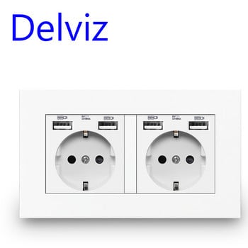 Delviz Επιτοίχια πρίζα USB, Διεπαφή φόρτισης μαύρου πίνακα, AC 110~250V 146mm * 86mm, 16A Διπλό πλαίσιο EU Standard υποδοχή USB