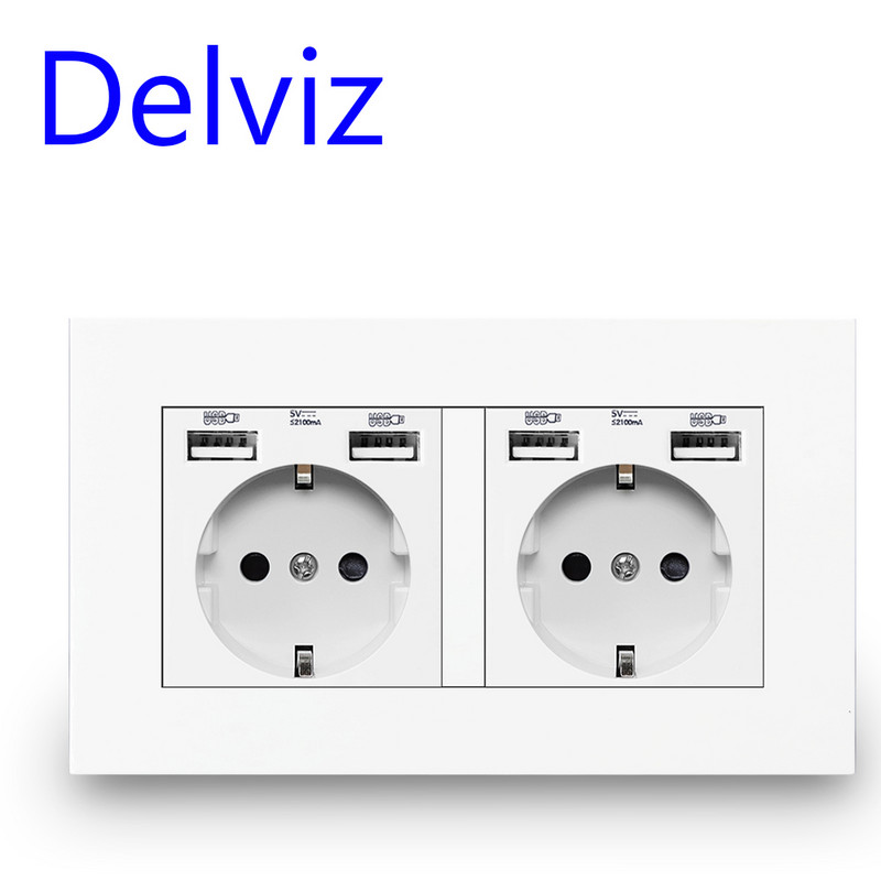 Delviz fali USB tápcsatlakozó, fekete paneles töltő interfész, AC 110~250V 146mm * 86mm, 16A Dupla keret EU szabvány USB aljzat