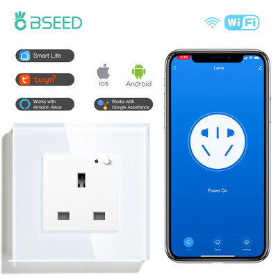 BSEED UK Стандартен стенен контакт Wifi Smart Life App Control Google Alexa Smart Socket Единичен интелигентен контакт 13A Стъклен панел