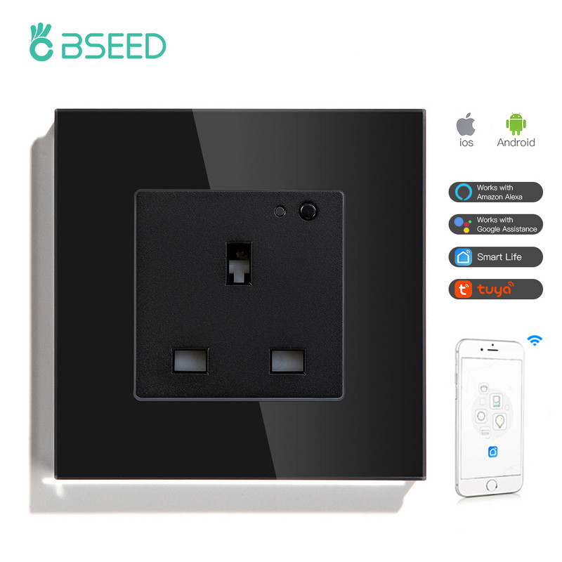 BSEED UK Priză de perete standard Wifi Smart Life Control aplicație Google Alexa Priză inteligentă o singură priză inteligentă Panou de sticlă 13A