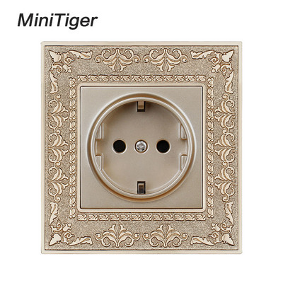Minitiger 16A ЕС стандартен златен захранващ контакт 4D релефен ретро панел от цинкова сплав Стенен захранващ контакт AC 110~250V