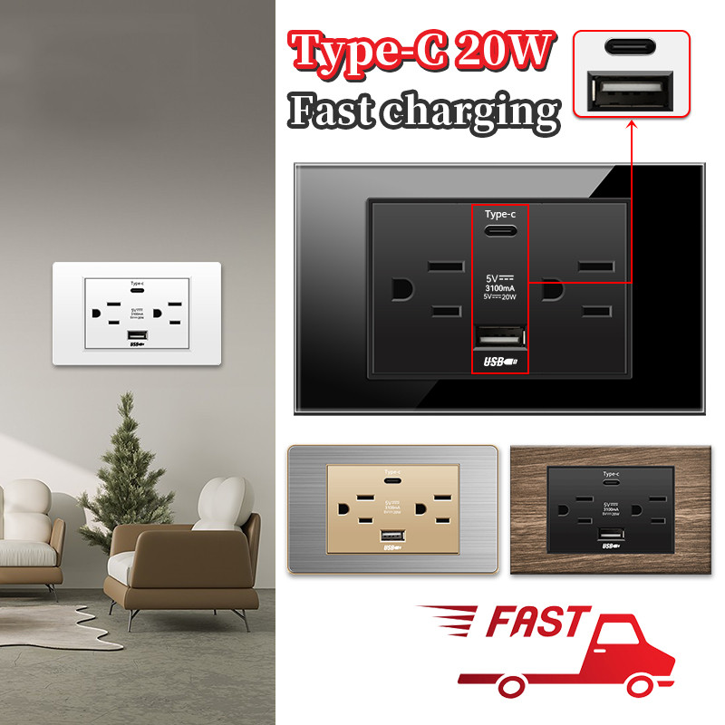 Priză de perete standard din SUA DC 5V 3.1A USB 20W Încărcător tip c PC Oțel inoxidabil Aliaj de aluminiu Granul de lemn Panou de sticlă Priză de curent