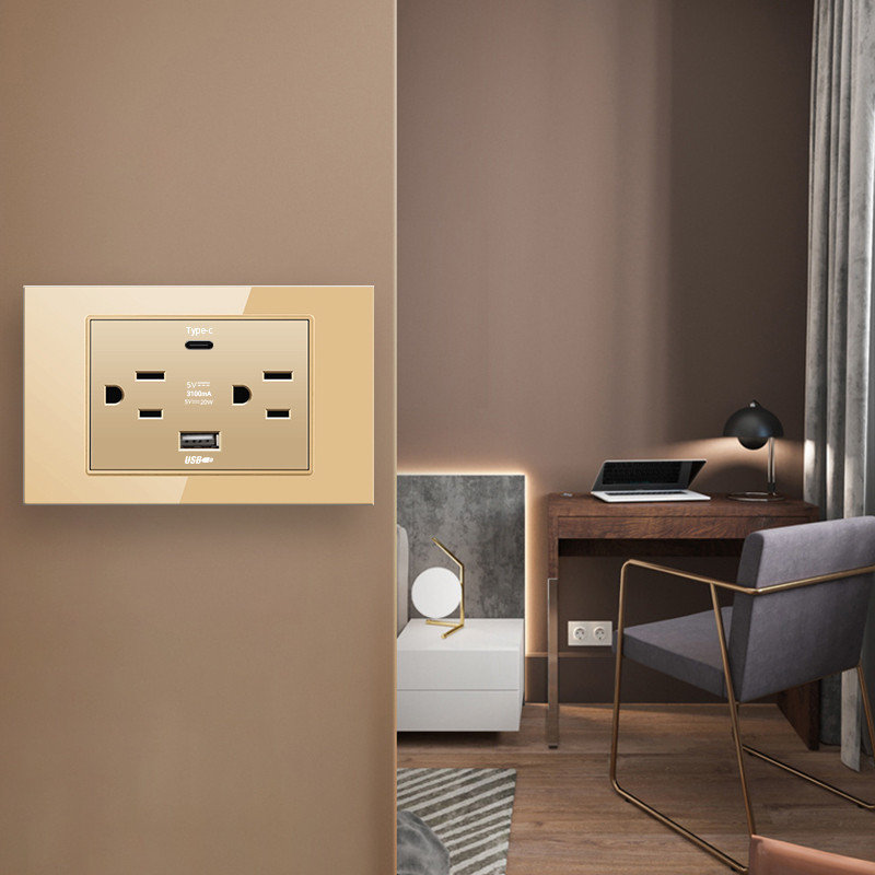 Priză de perete standard din SUA DC 5V 3.1A USB 20W Încărcător tip c PC Oțel inoxidabil Aliaj de aluminiu Granul de lemn Panou de sticlă Priză de curent