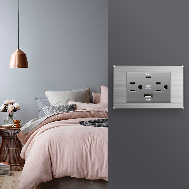 Priză de perete standard din SUA DC 5V 3.1A USB 20W Încărcător tip c PC Oțel inoxidabil Aliaj de aluminiu Granul de lemn Panou de sticlă Priză de curent