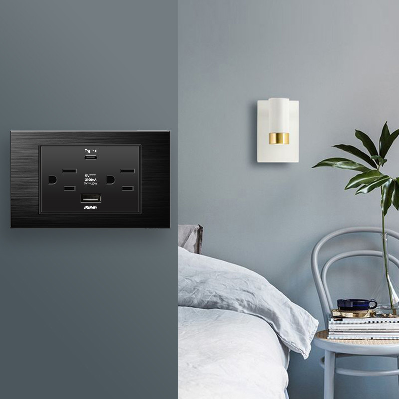 Priză de perete standard din SUA DC 5V 3.1A USB 20W Încărcător tip c PC Oțel inoxidabil Aliaj de aluminiu Granul de lemn Panou de sticlă Priză de curent