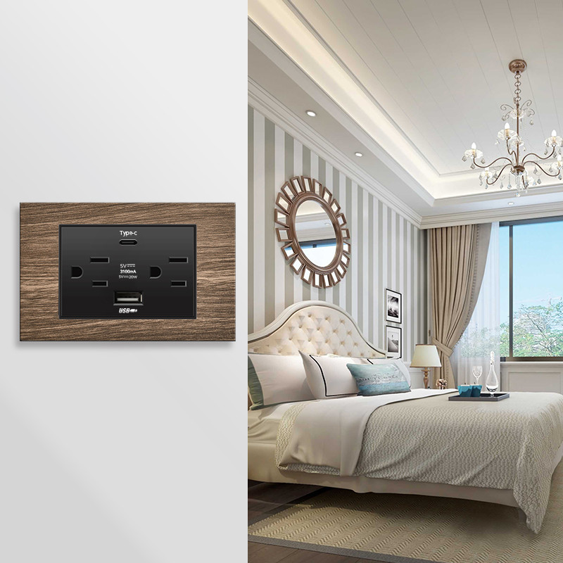 Priză de perete standard din SUA DC 5V 3.1A USB 20W Încărcător tip c PC Oțel inoxidabil Aliaj de aluminiu Granul de lemn Panou de sticlă Priză de curent