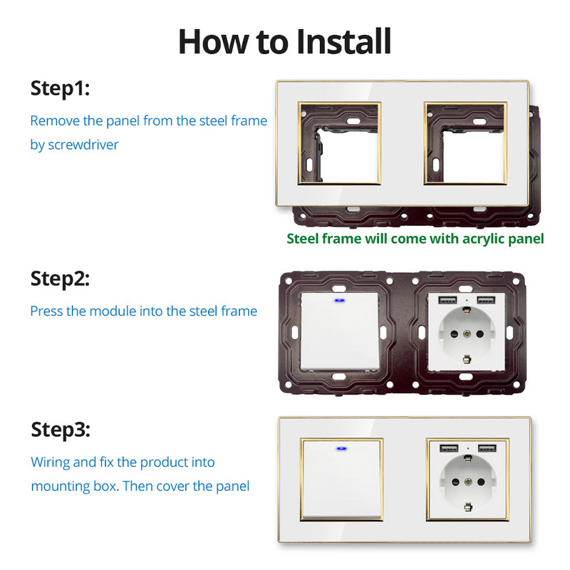 Tapeta, biely akrylový panel so zlatým okrajom, nástenný spínač, funkčné tlačidlo, iba pre domácich majstrov, kombinácia 52*52 mm