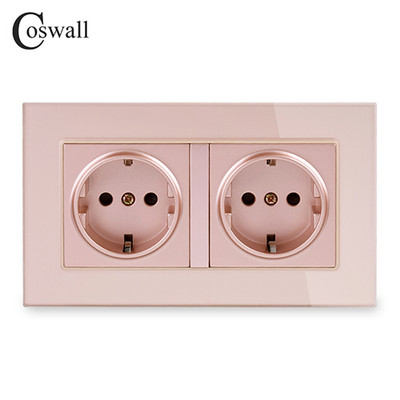 COSWALL Perete Panou de sticlă Priză Impământat UE Rusia Spania Priză dublă cu blocare de protecție pentru copii 146 * 86mm Seria C1