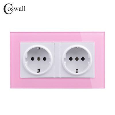 COSWALL Perete Panou de sticlă Priză Impământat UE Rusia Spania Priză dublă cu blocare de protecție pentru copii 146 * 86mm Seria C1