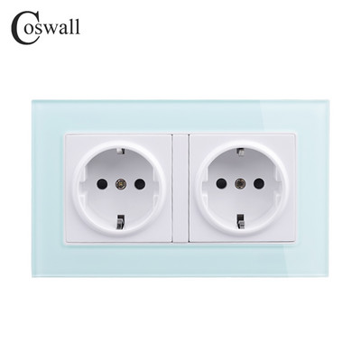 COSWALL Perete Panou de sticlă Priză Impământat UE Rusia Spania Priză dublă cu blocare de protecție pentru copii 146 * 86mm Seria C1